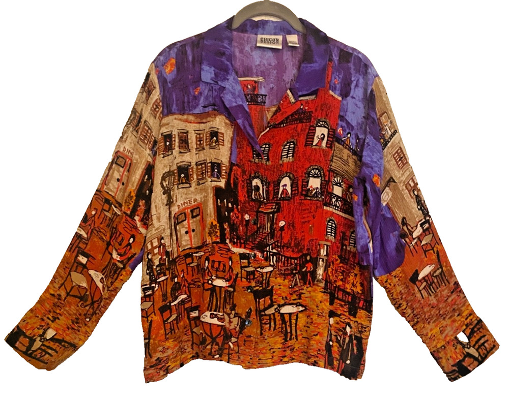 Vintage Chico's Design 100% Silk Cafe Street Scene Blouse Size 1 Small M Artsy